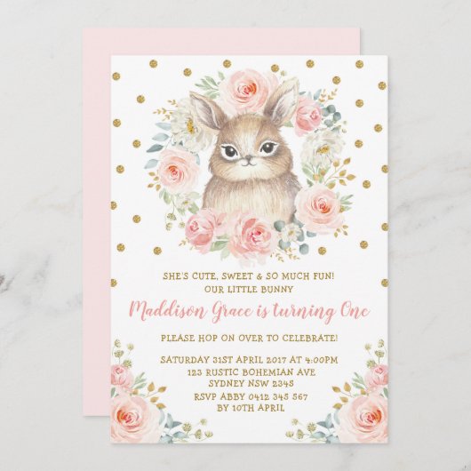 ブッシュ フローラル バニー ウサギ 1歳の誕生日 ピンク ゴールド 招待状 (正面/裏面)