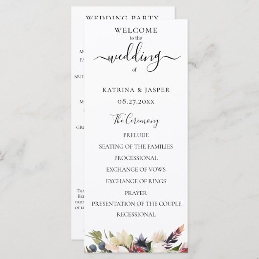 ブッシュ プラム ウォーターカラー フラワー ウェディング プログラム (正面/裏面)