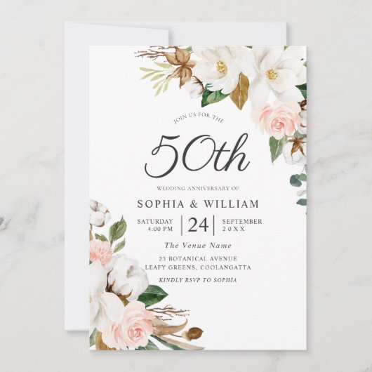 ブッシュ&ホワイトフラワーズ 50周年結婚記念日 招待状 (正面)