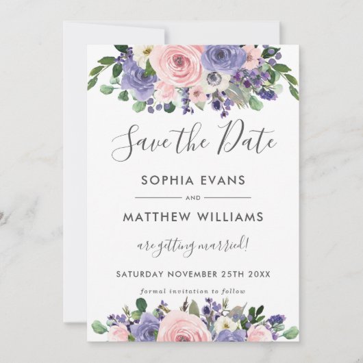 ブッシュ ラベンダー フラワーの結婚式 Save the Date カード (正面)
