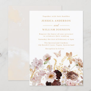 ブッシュ＆ローズゴールド フローラル ピオニー バタフライ ウェディング 招待状