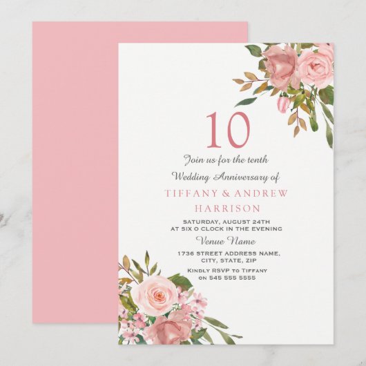ブッシュ ローズ ゴールド ホワイト 10周年 結婚記念日 招待状 (正面/裏面)