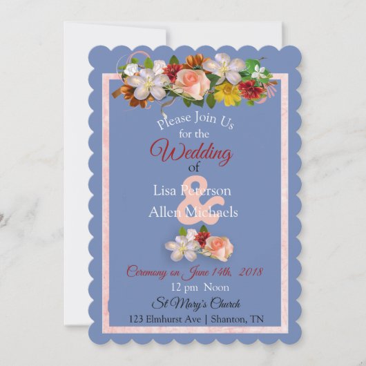 ブッシュ ローズ バーガンディー ブルー フラワー ウェディング 招待状 (正面)