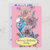 ブッジブルーバード誕生日子供ガールズピンクフローラ 招待状 (正面/裏面)