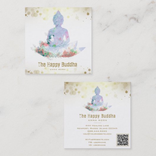 *~*ブッダロータスAP33植物水彩色QR スクエア名刺 (正面/裏面)