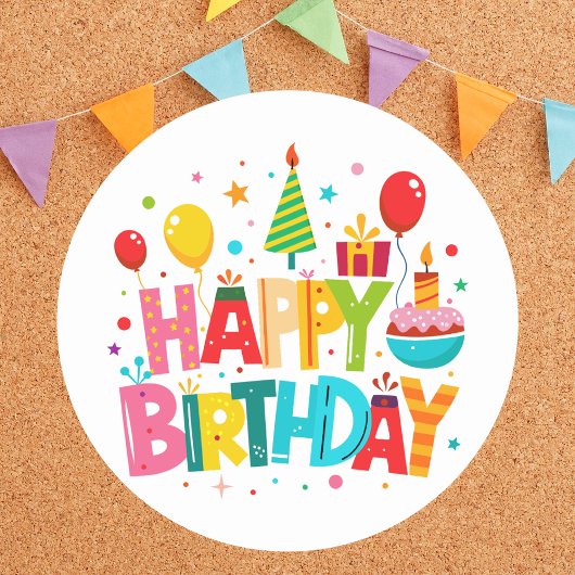 ブッモダンクカラフルクラシックハッピーバースデー ラウンドシール