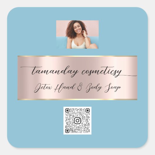 ブティックオンラインショップバラQRコードロゴフォトブルー スクエアシール (正面)