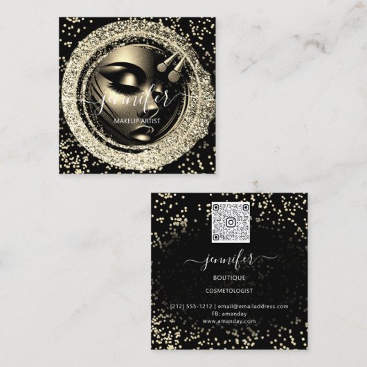 ブティックグリッターエフェクトフレームメイクアップアーティストロゴ スクエア名刺 (正面/裏面)