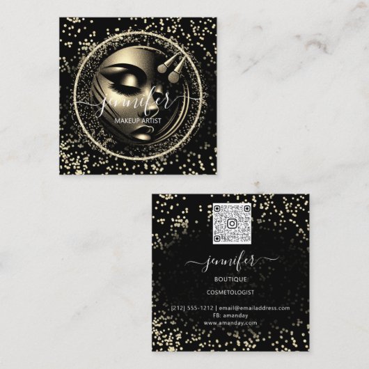 ブティックグリッターフレームメイクアップアーティストロゴブラックQR スクエア名刺 (正面/裏面)