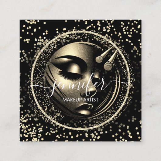 ブティックグリッターフレームメイクアップアーティストロゴブラックQR スクエア名刺 (正面)