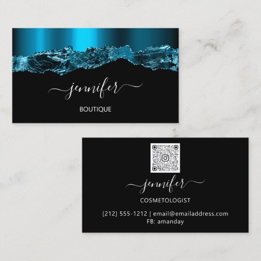 ブティックショップイエローティール（緑がかった色）ブルーブラックロゴQRコード 名刺 (正面/裏面)