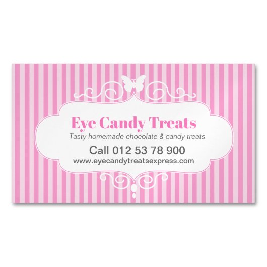 ブティックショップキャンディピンクストライプの連絡リマインダ マグネット名刺 (正面)