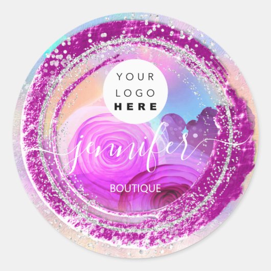 ブティックショップグリッターフレームシルバーピンクフローラ ラウンドシール (正面)