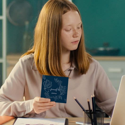 ブティックショップブルーネイビーグレイ花QRロゴ スクエア名刺