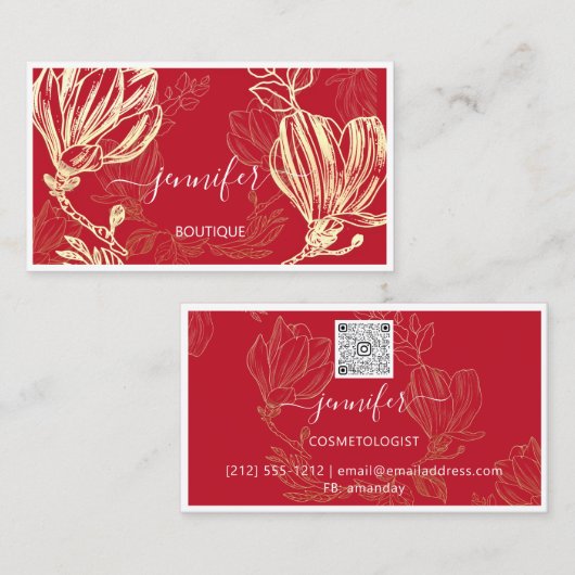 ブティックショップレッド金ゴールドフラワーフレームQRロゴ 名刺 (正面/裏面)