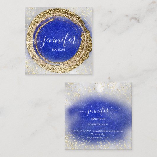 ブティックショップ王室の金ゴールドブルーシルバーグリッターエフェクト スクエア名刺 (正面/裏面)