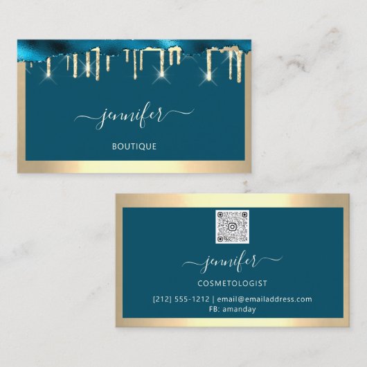 ブティックショップQRコードドリップスティール（緑がかった色）ゴールデンフレーム 名刺 (正面/裏面)