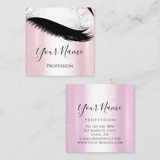 ブティックシルバー。灰色の発疹の延長ピンクローズ スクエア名刺 (正面/裏面)