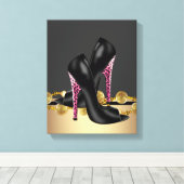 ブティックブラック&ピンクヒョウ高ヒールシューズ キャンバスプリント (インサイチュ (ウッドフロア))