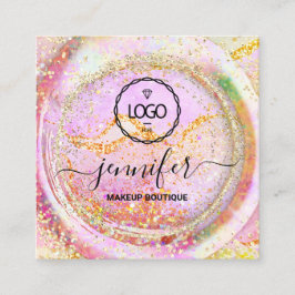 ブティックラグジュアリーショップロゴQRコードホログラフ金ゴールド スクエア名刺