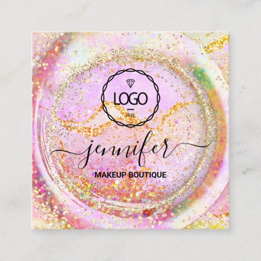 ブティックラグジュアリーショップロゴQRコードホログラフ金ゴールド スクエア名刺 (正面)