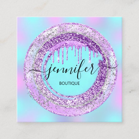 ブティック美しいショップパープルターコイズブルーQRコード スクエア名刺 (正面)