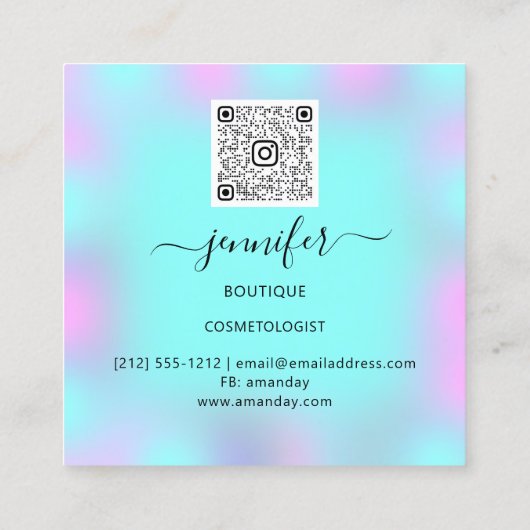 ブティック美しいショップパープルターコイズブルーQRコード スクエア名刺 (裏面)