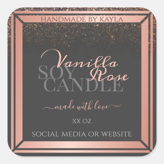 ブティック製品パッケージングラベルグレー&バラ金ゴールド スクエアシール (正面)