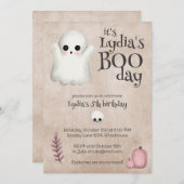 ブデイかわいい幽霊ハロウィーン誕生日 招待状 (正面/裏面)