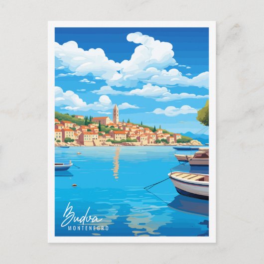 ブドゥバモンテネグロヴィンテージ旅行イラストレーション ポストカード (正面)