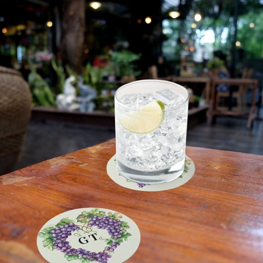 ブドウのハートモノグラムイニシャル ラウンドペーパーコースター