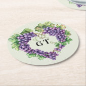 ブドウのハートモノグラムイニシャル ラウンドペーパーコースター (アングル)