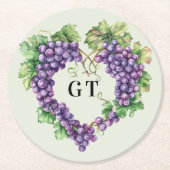 ブドウのハートモノグラムイニシャル ラウンドペーパーコースター (正面)