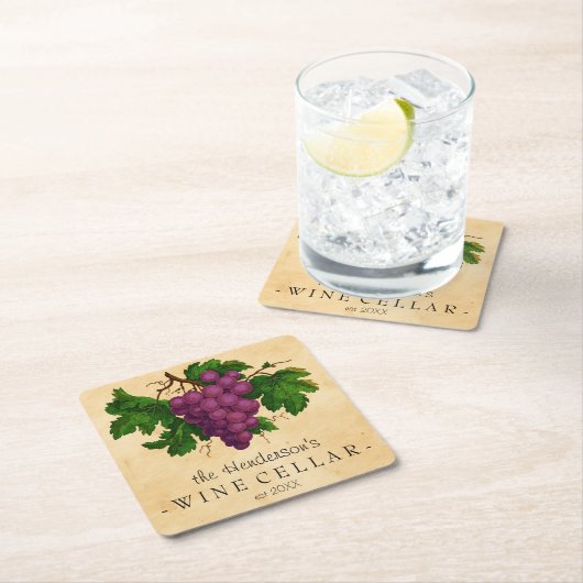 ブドウのヴィンテージのパーソナライズな名前のワイン貯蔵室 スクエアペーパーコースター (インサイチュ)