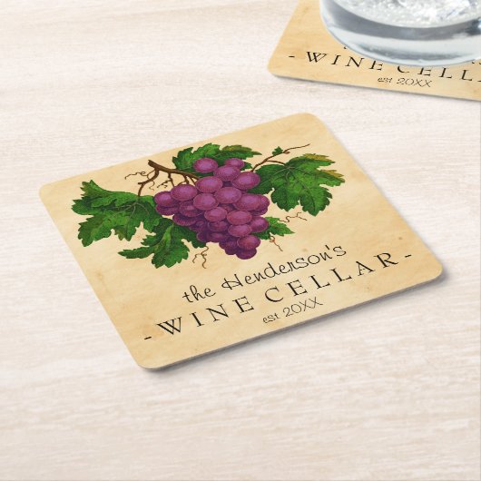 ブドウのヴィンテージのパーソナライズな名前のワイン貯蔵室 スクエアペーパーコースター (アングル)