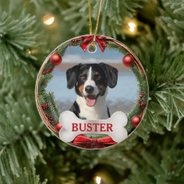 ブドウの蔓で作ったクリスマスリースの犬の写真ツリーオーナメント セラミックオーナメント