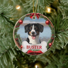 ブドウの蔓のリースの犬の写真のクリスマスツリーオーナメント セラミックオーナメント