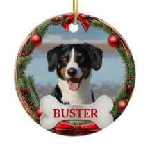 ブドウの蔓のリースの犬の写真のクリスマスツリーオーナメント