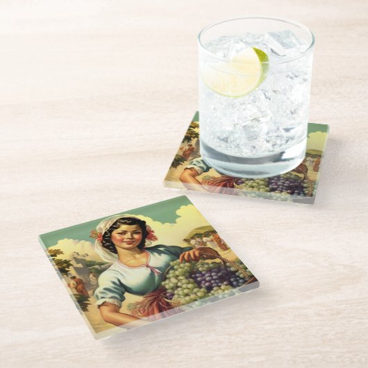 ブドウ収穫の美しいメキシコのカレンダーの女の子 ガラスコースター (アングル)