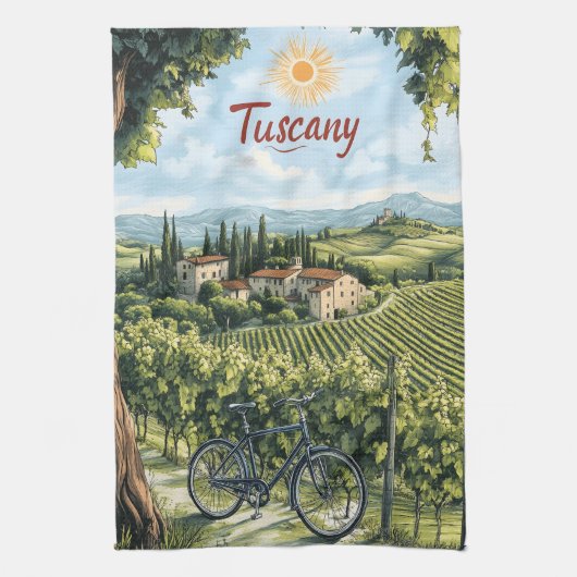 ブドウ園と自転車を持つトスカーナの風景 キッチンタオル (縦)