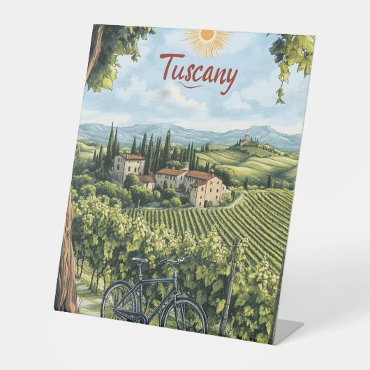 ブドウ園と自転車を持つトスカーナの風景 台座サイン (正面)