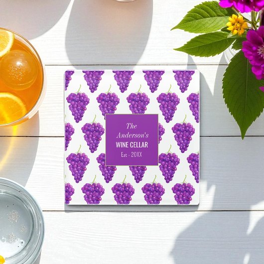 ブドウ果実模様パープルホワイト ガラスコースター