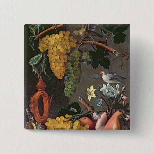 ブドウ、鳥および花が付いている静物画 缶バッジ (正面)
