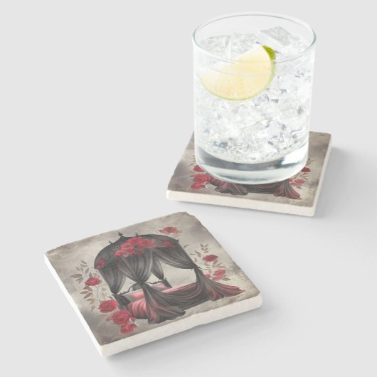 ブドワール | スカーフキャノピーオールドアンティークポスターベッド ストーンコースター (横)