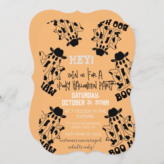 ブハウカウガールカウボーイ幽霊ハロウィーン 招待状 (正面/裏面)