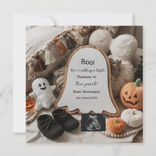 ブハロウィーンをテーマとしたかわいい妊娠の発表 招待状 (正面)