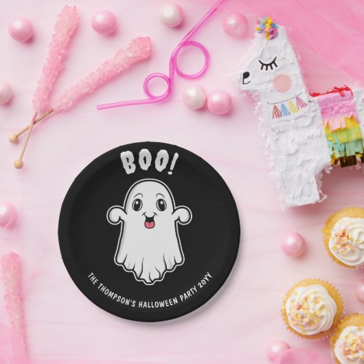 ブハロウィーン幽霊カスタム文字ブラックアンドホワイト ペーパープレート (パーティー)