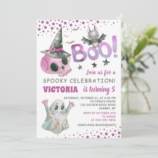 ブピンク不気味スカルガールハロウィーン誕生日 招待状 (スタンド正面)