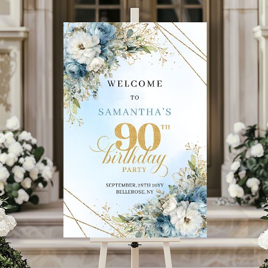 ブホ風ダスティブルーゴールドの90歳の誕生日ウェルカム ポスター