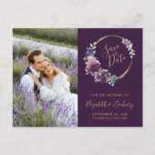 ブホ風パープルの花とゴールドのセーブ・ザ・デートカード ポストカード (正面)